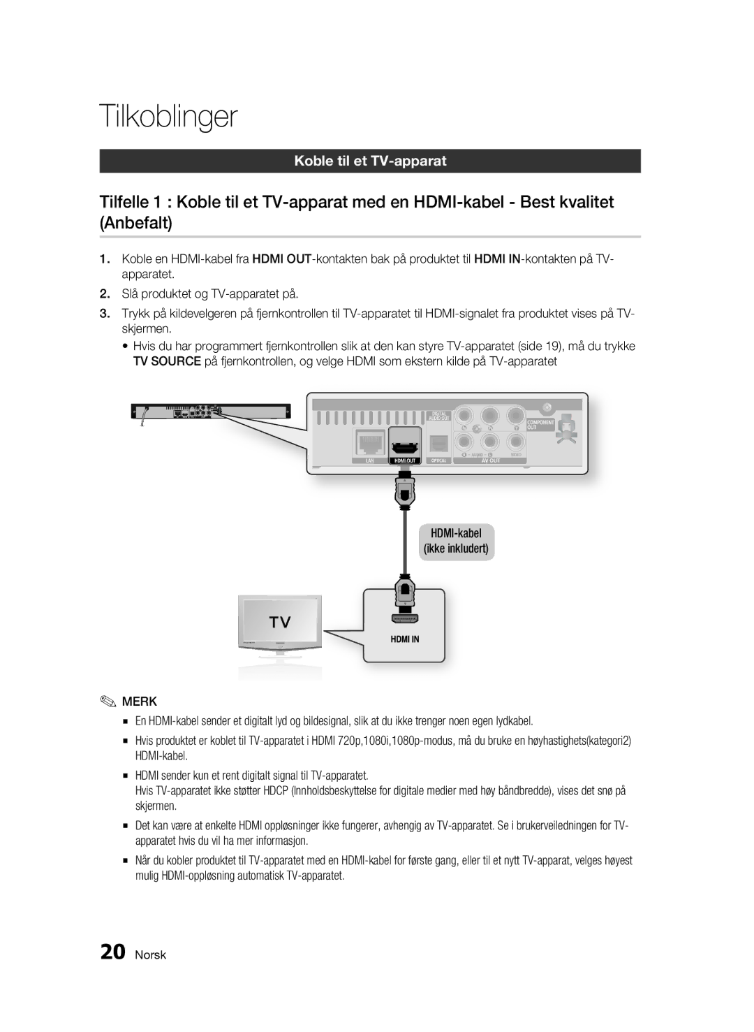 Samsung BD-C5300/XEE manual Tilkoblinger, Koble til et TV-apparat, HDMI-kabel Ikke inkludert 