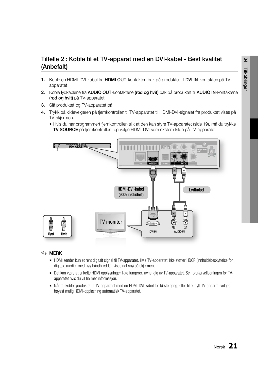 Samsung BD-C5300/XEE manual Lydkabel, Rød Hvit 