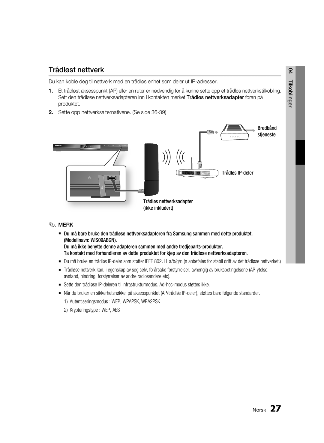 Samsung BD-C5300/XEE manual Trådløst nettverk, Trådløs IP-deler 