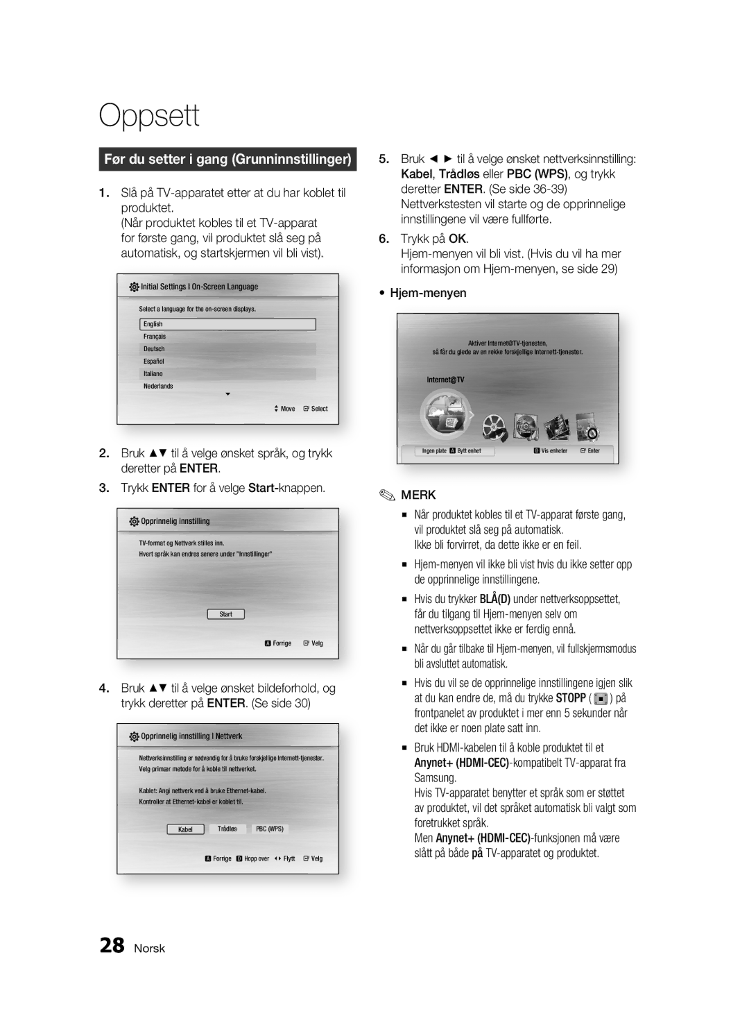 Samsung BD-C5300/XEE manual Oppsett, Før du setter i gang Grunninnstillinger 