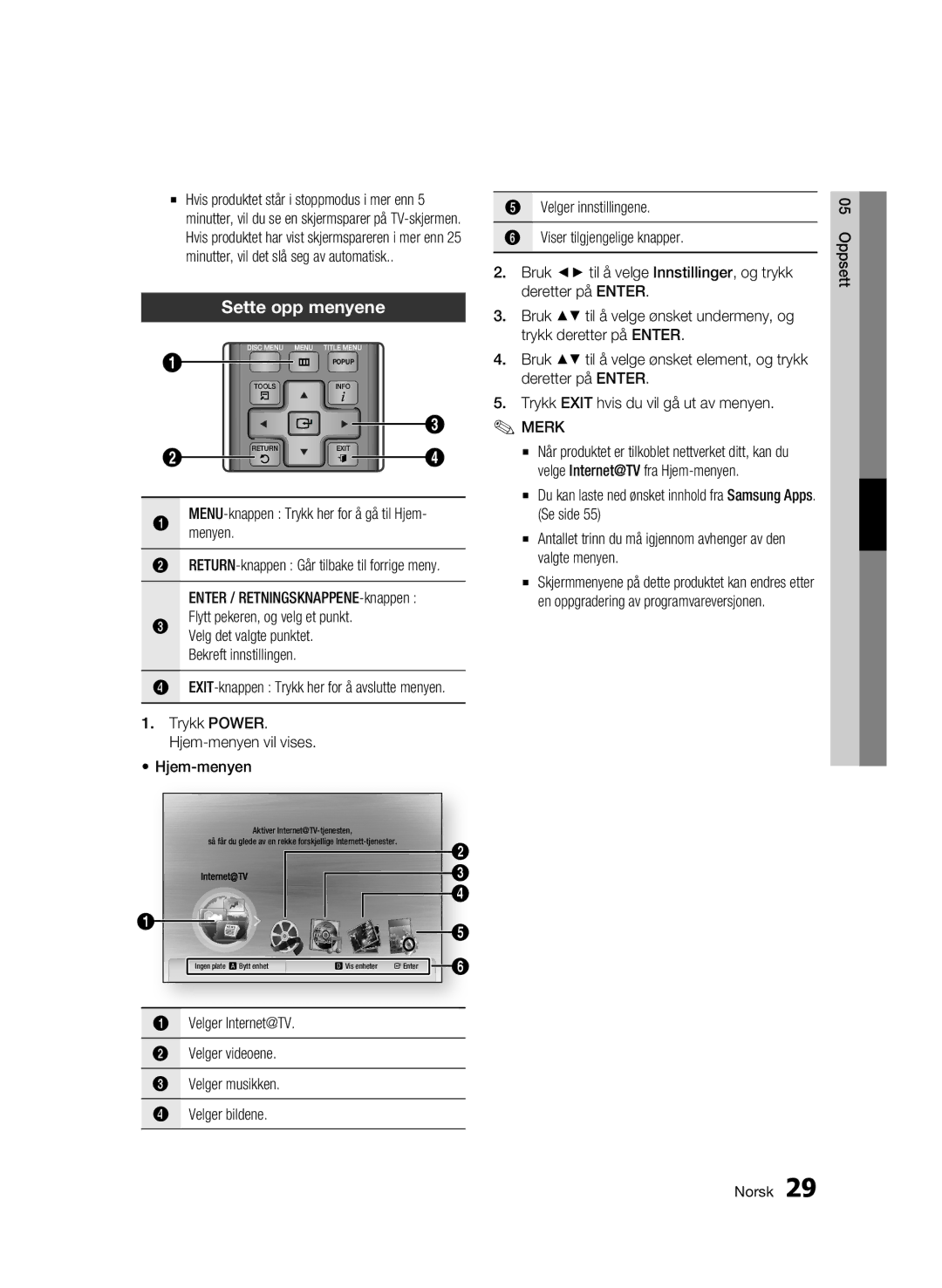 Samsung BD-C5300/XEE manual Sette opp menyene, Menyen, Trykk Power Hjem-menyen vil vises 