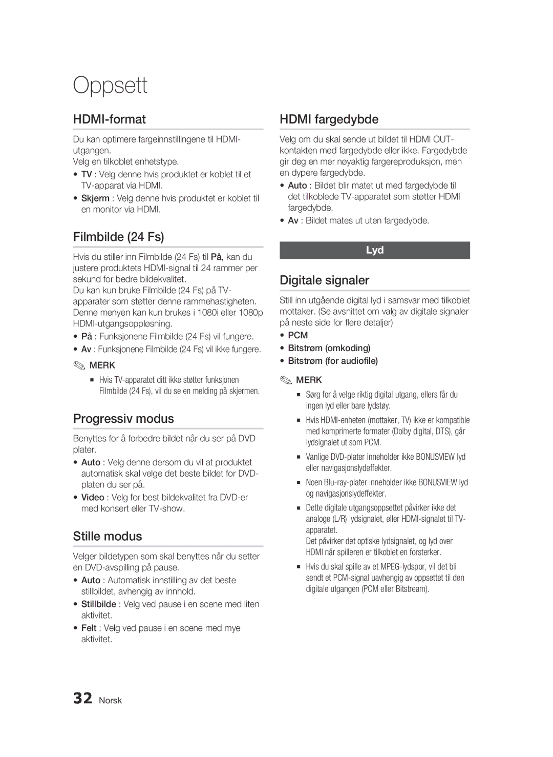 Samsung BD-C5300/XEE manual Filmbilde 24 Fs, Progressiv modus, Stille modus, Hdmi fargedybde, Digitale signaler 