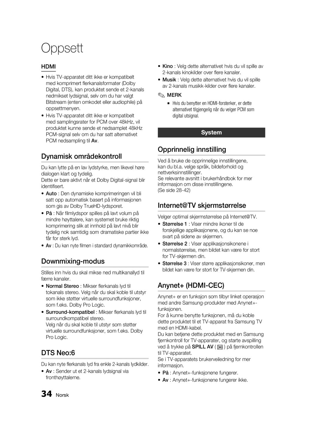 Samsung BD-C5300/XEE manual Dynamisk områdekontroll, Downmixing-modus, Opprinnelig innstilling, Internet@TV skjermstørrelse 