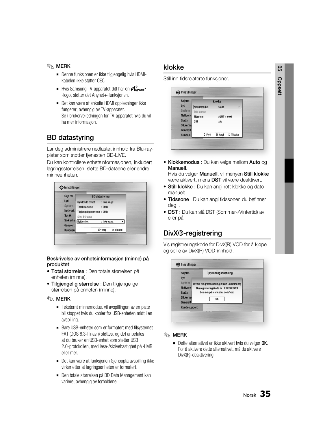 Samsung BD-C5300/XEE manual BD datastyring, Klokke, DivX-registrering, Still inn tidsrelaterte funksjoner 