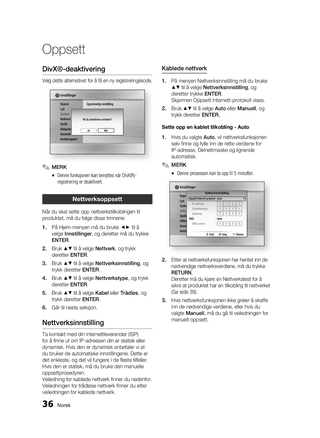 Samsung BD-C5300/XEE Nettverksinnstilling, Nettverksoppsett, Kablede nettverk, Sette opp en kablet tilkobling Auto, Return 