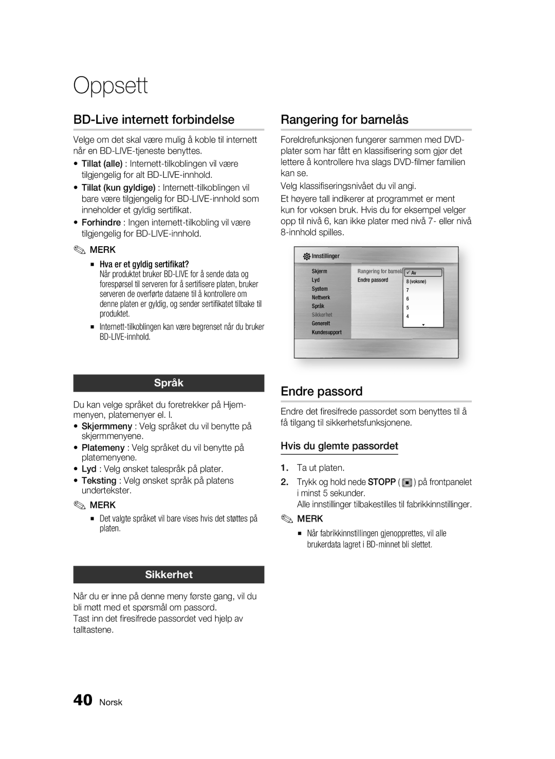 Samsung BD-C5300/XEE manual BD-Live internett forbindelse, Rangering for barnelås, Endre passord, Språk, Sikkerhet 