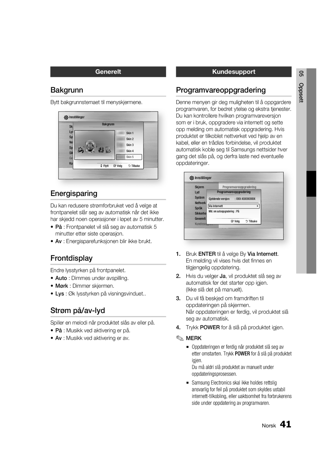 Samsung BD-C5300/XEE manual Bakgrunn, Energisparing, Frontdisplay, Strøm på/av-lyd, Programvareoppgradering 