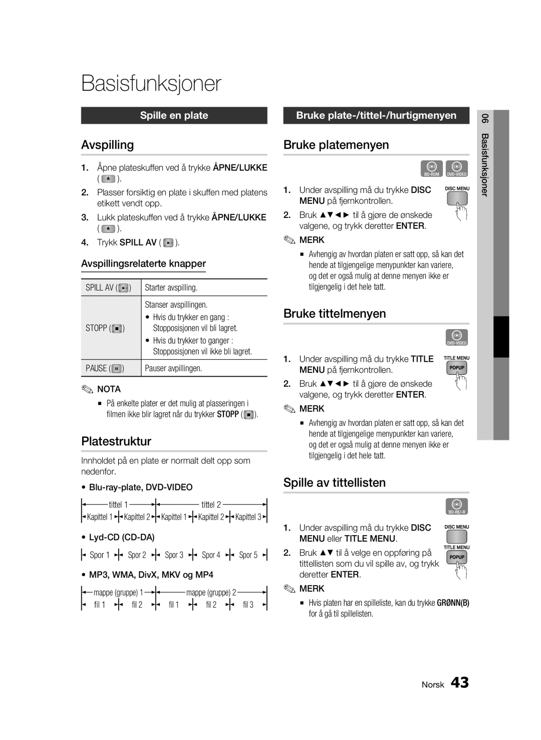 Samsung BD-C5300/XEE manual Basisfunksjoner 