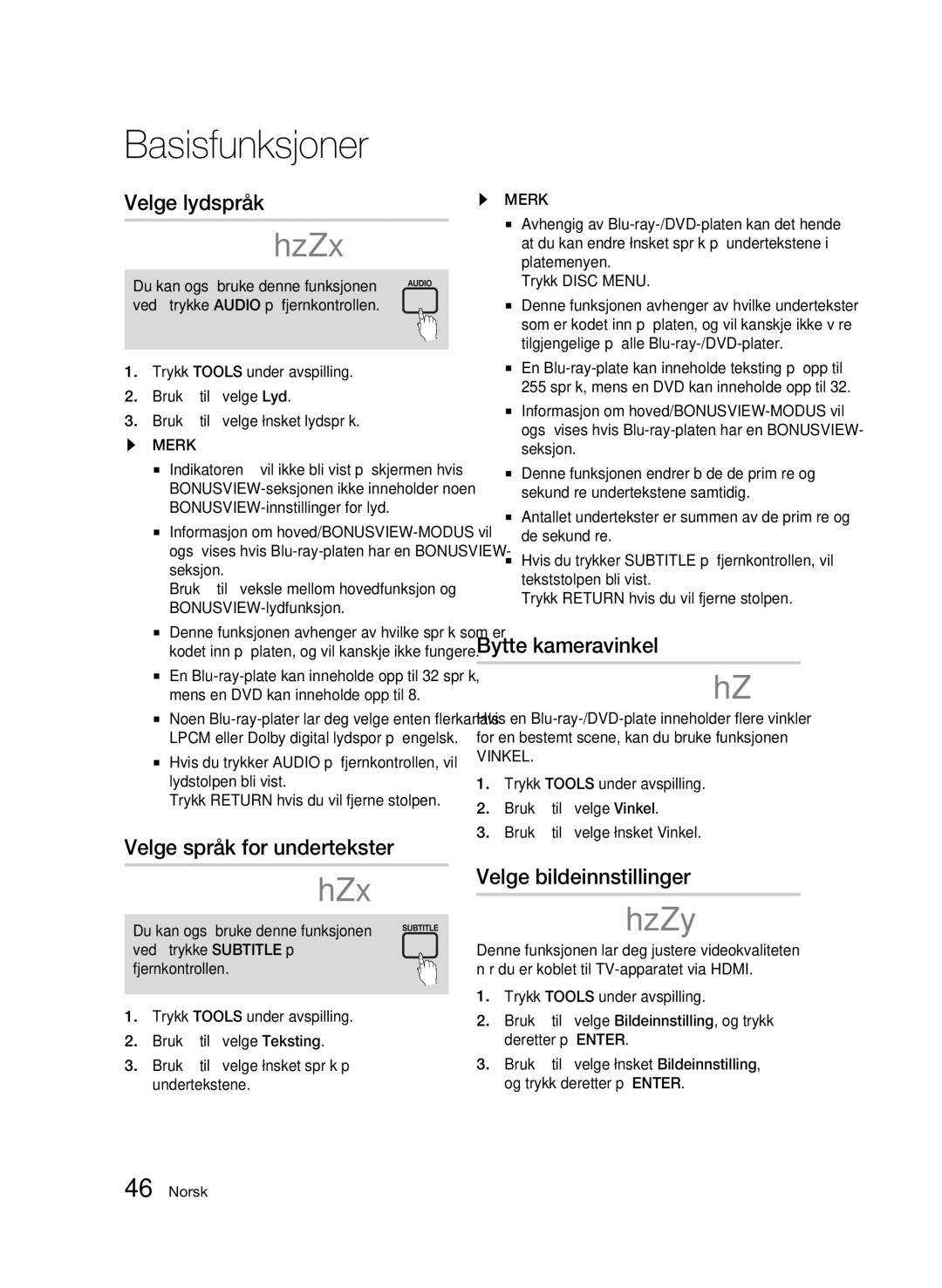 Samsung BD-C5300/XEE manual Velge lydspråk, Velge språk for undertekster, Bytte kameravinkel, Velge bildeinnstillinger 