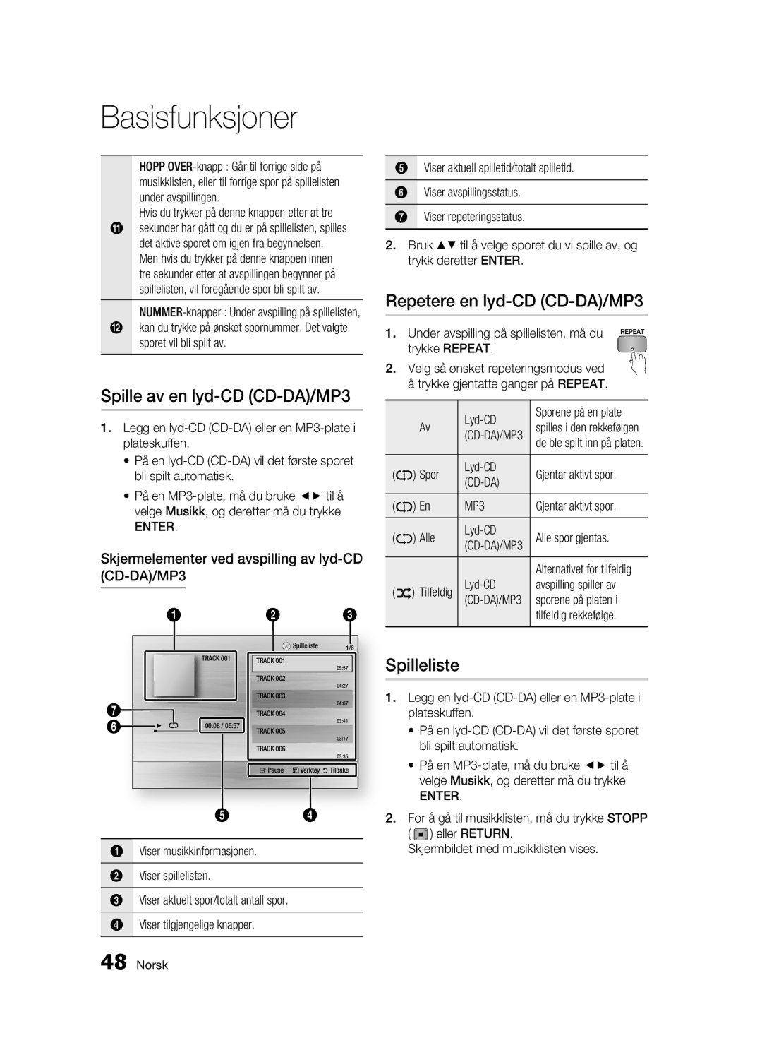 Samsung BD-C5300/XEE manual Spille av en lyd-CD CD-DA/MP3, Repetere en lyd-CD CD-DA/MP3, Spilleliste 