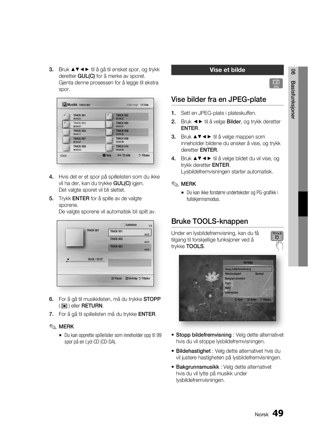 Samsung BD-C5300/XEE manual Vise bilder fra en JPEG-plate, Bruke TOOLS-knappen, Vise et bilde, Sporene 