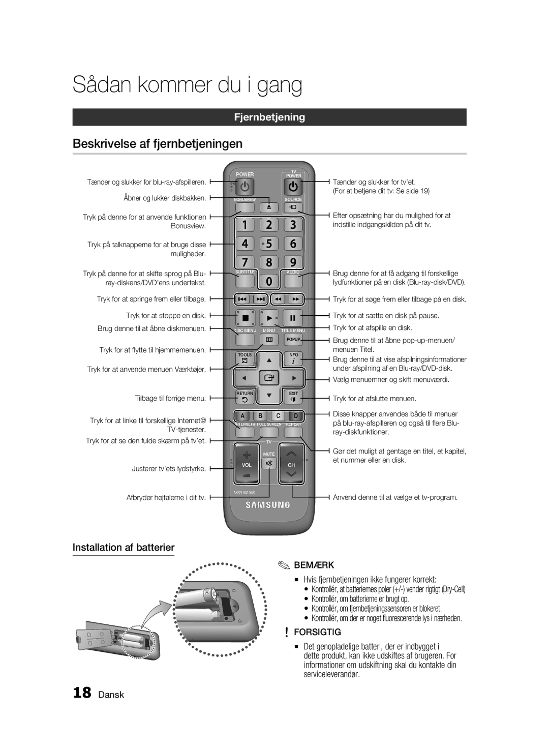 Samsung BD-C5300/XEE manual Beskrivelse af fjernbetjeningen, Fjernbetjening, Installation af batterier, Forsigtig 