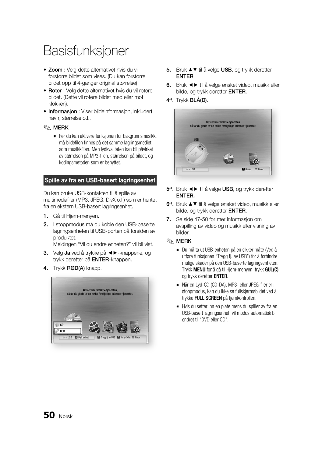 Samsung BD-C5300/XEE manual Spille av fra en USB-basert lagringsenhet, Bruk til å velge USB, og trykk deretter 