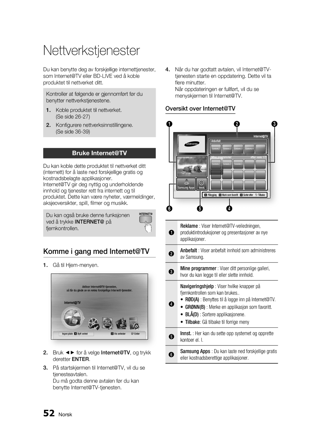 Samsung BD-C5300/XEE manual Nettverkstjenester, Komme i gang med Internet@TV, Bruke Internet@TV, Oversikt over Internet@TV 