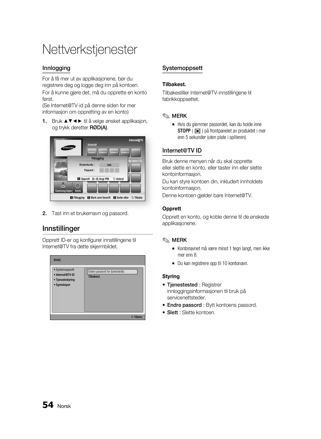 Samsung BD-C5300/XEE manual Innstillinger, Innlogging, Systemoppsett, Internet@TV ID 