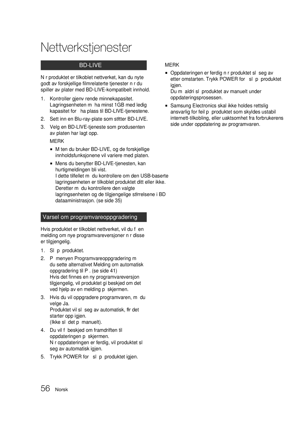 Samsung BD-C5300/XEE manual Varsel om programvareoppgradering, Slå på produktet 