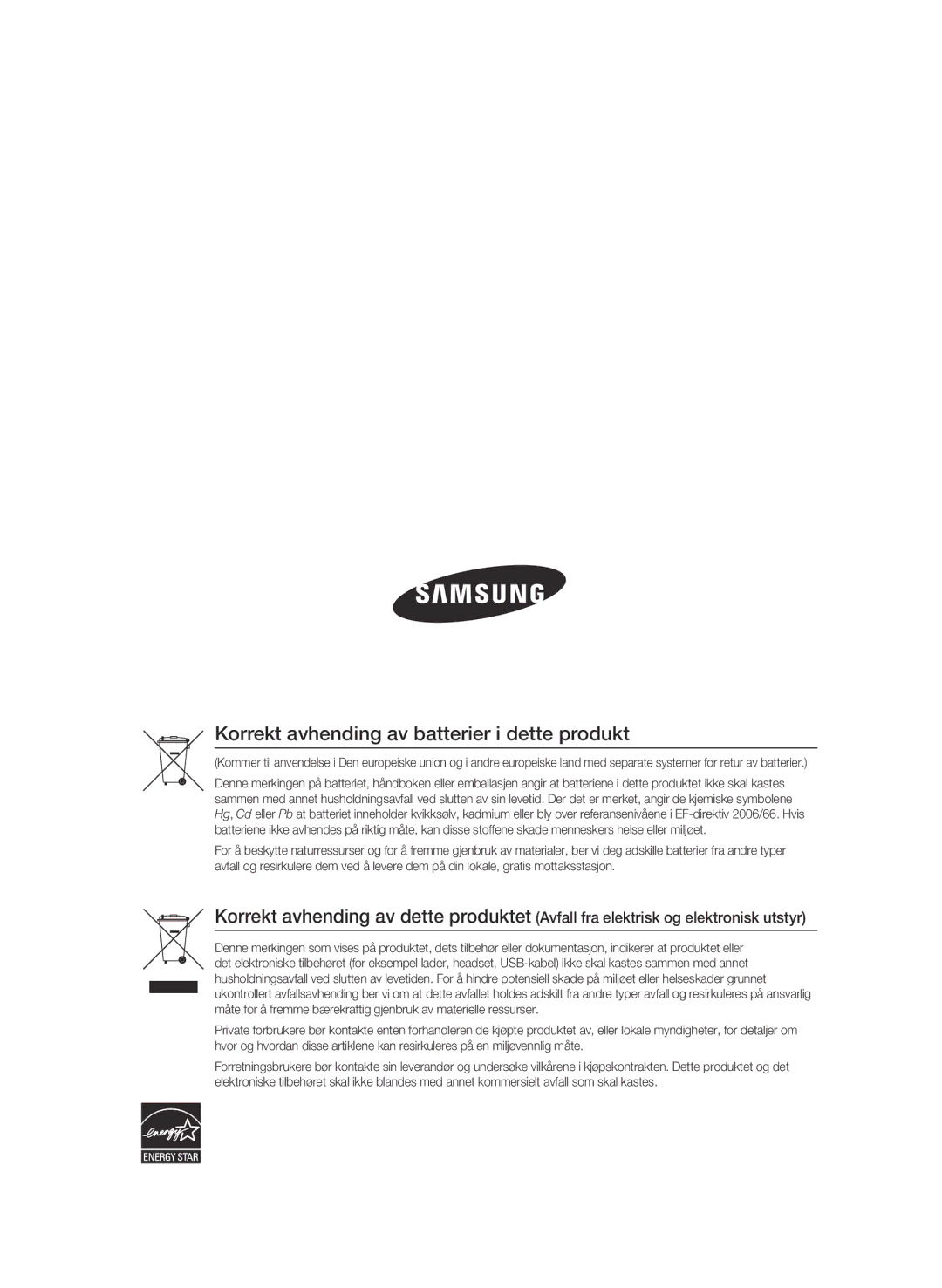 Samsung BD-C5300/XEE manual Korrekt avhending av batterier i dette produkt 