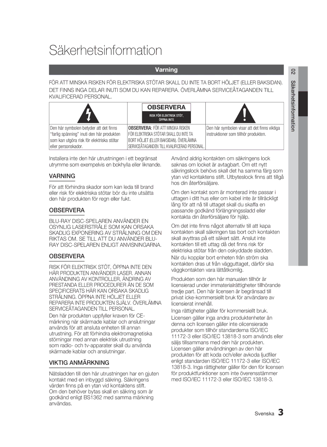 Samsung BD-C5300/XEE manual Säkerhetsinformation, Varning, Instruktioner som tillhör produkten 