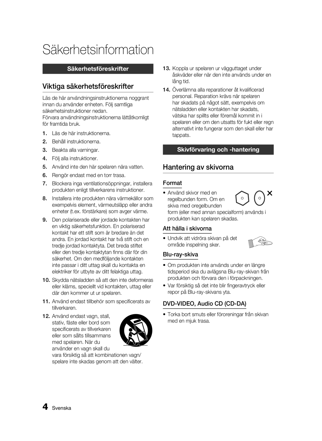 Samsung BD-C5300/XEE manual Viktiga säkerhetsföreskrifter, Hantering av skivorna, Säkerhetsföreskrifter 