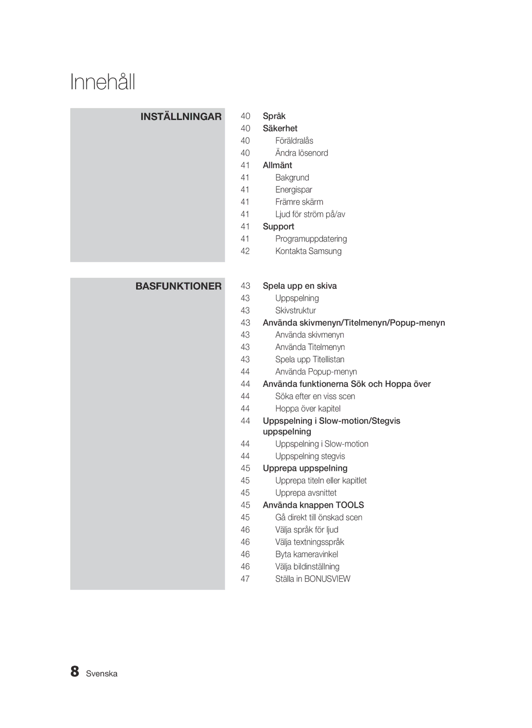 Samsung BD-C5300/XEE manual Inställningar Basfunktioner 