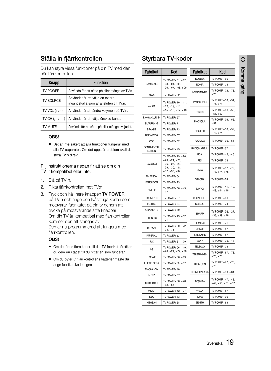 Samsung BD-C5300/XEE manual Ställa in fjärrkontrollen, Styrbara TV-koder 