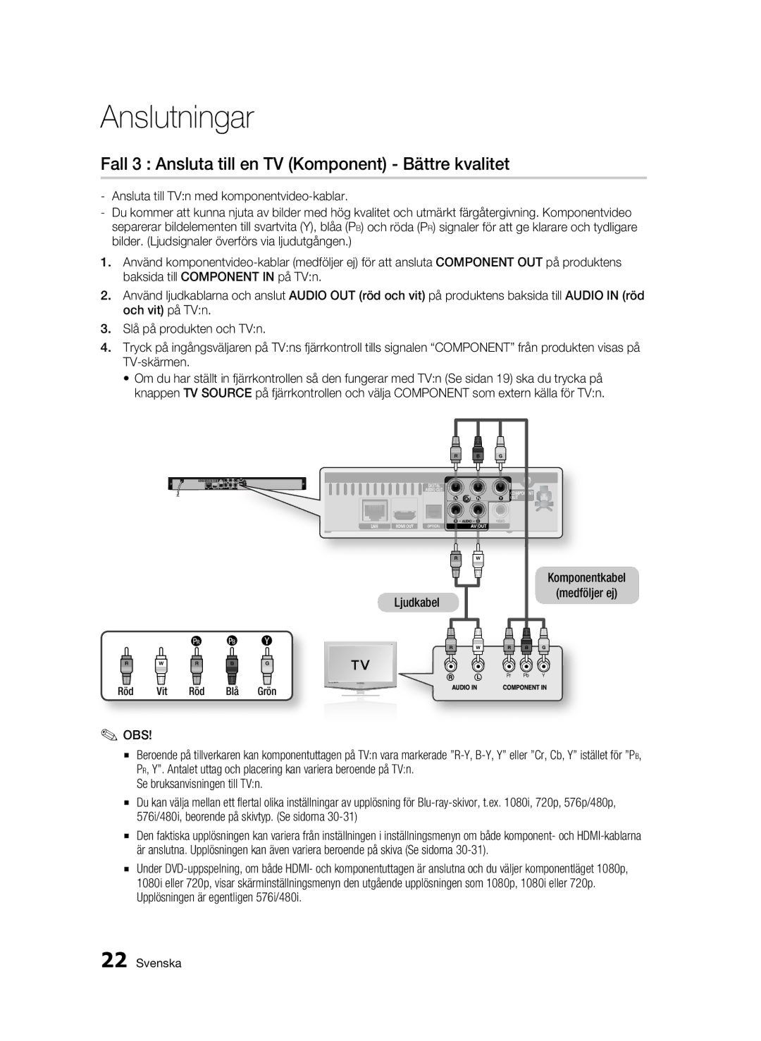 Samsung BD-C5300/XEE manual Fall 3 Ansluta till en TV Komponent Bättre kvalitet, Ljudkabel Komponentkabel Medföljer ej 