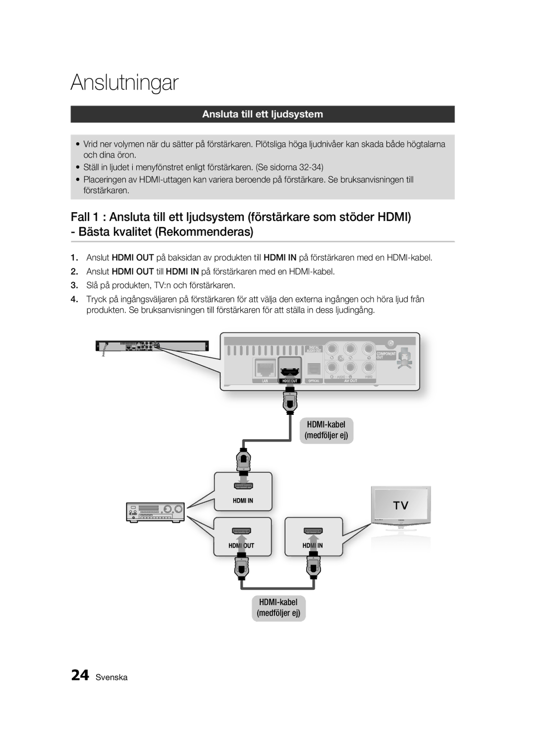 Samsung BD-C5300/XEE manual Ansluta till ett ljudsystem 