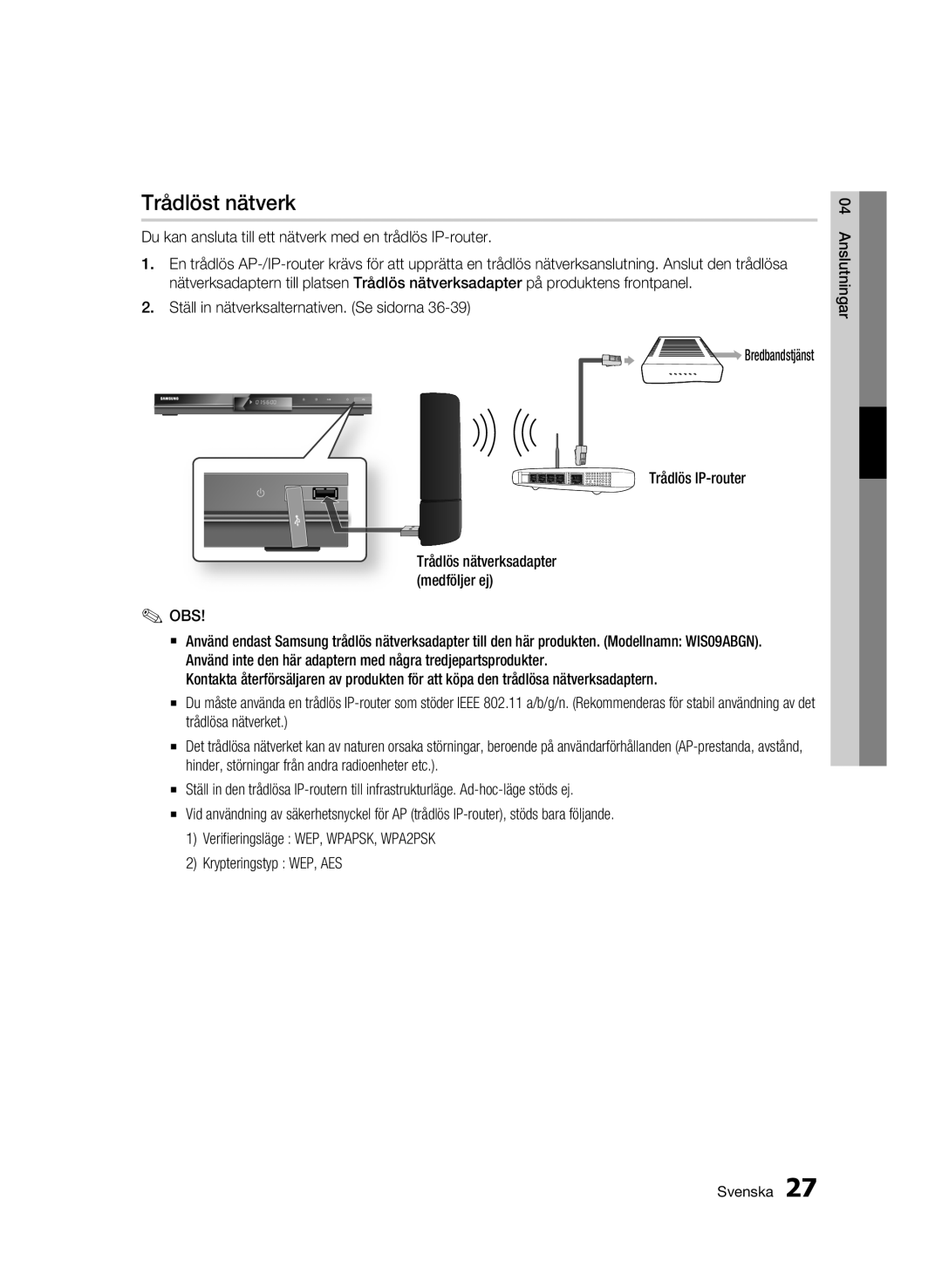 Samsung BD-C5300/XEE manual Trådlöst nätverk, Du kan ansluta till ett nätverk med en trådlös IP-router 