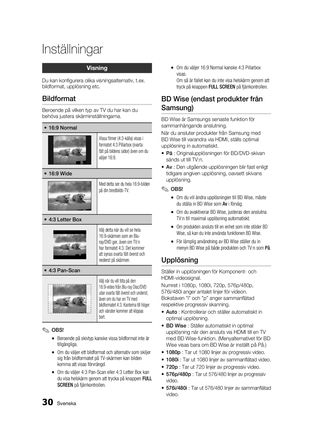 Samsung BD-C5300/XEE manual Bildformat, BD Wise endast produkter från Samsung, Upplösning, Visning 