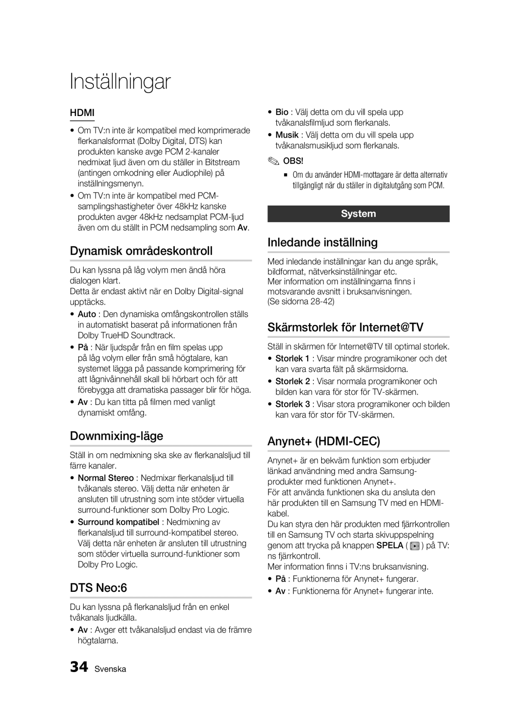 Samsung BD-C5300/XEE manual Dynamisk områdeskontroll, Downmixing-läge, Inledande inställning, Skärmstorlek för Internet@TV 