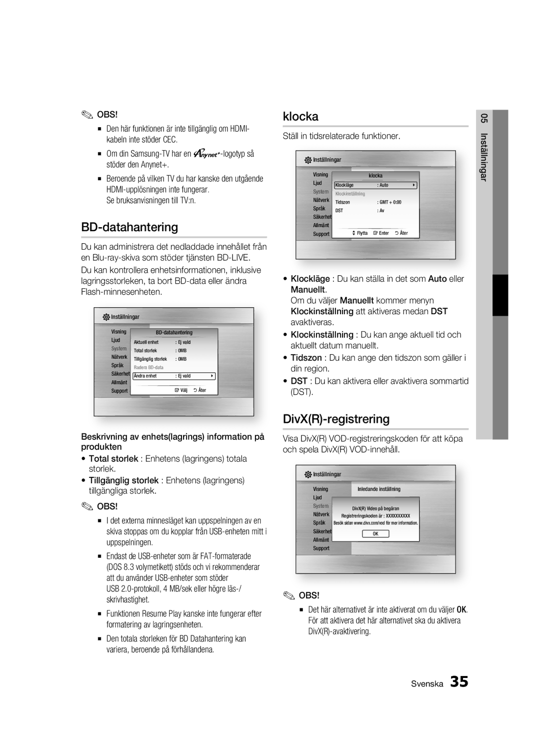 Samsung BD-C5300/XEE manual BD-datahantering, Klocka, DivXR-registrering, Ställ in tidsrelaterade funktioner 