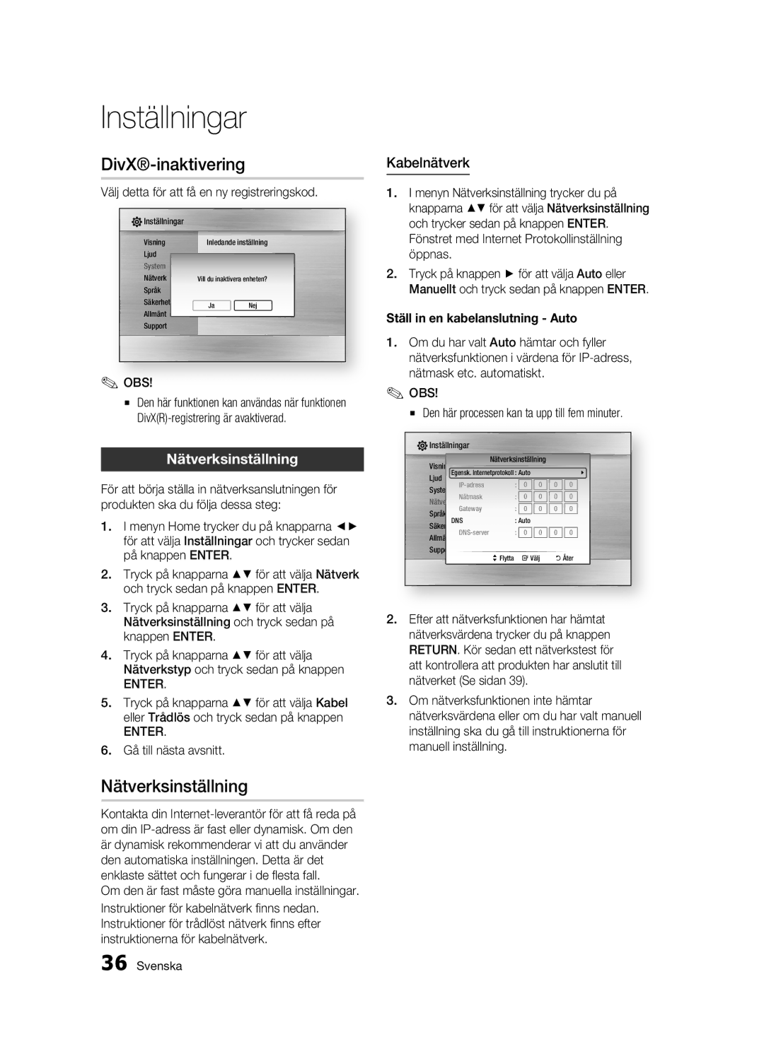 Samsung BD-C5300/XEE manual DivX-inaktivering, Nätverksinställning, Kabelnätverk, Ställ in en kabelanslutning Auto 