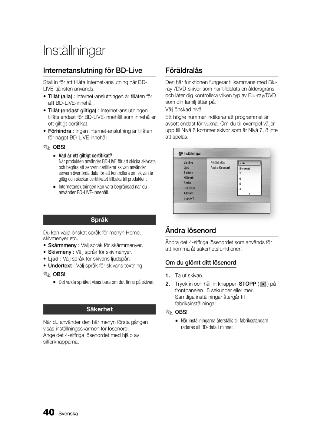 Samsung BD-C5300/XEE Internetanslutning för BD-Live, Föräldralås, Ändra lösenord, Säkerhet, Om du glömt ditt lösenord 