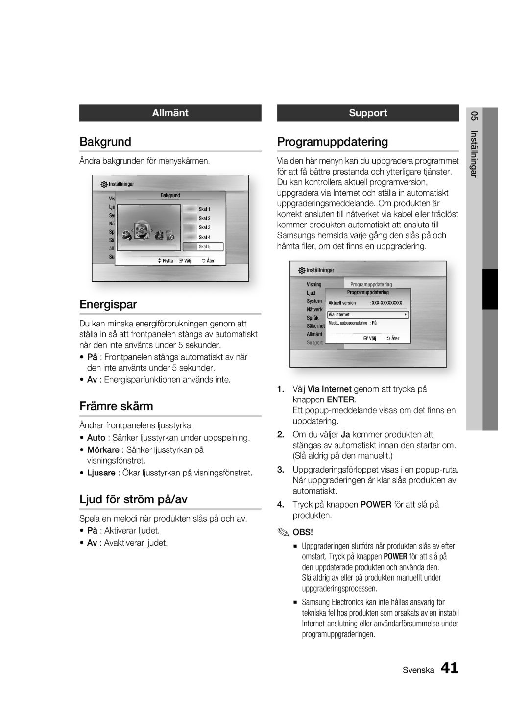 Samsung BD-C5300/XEE manual Bakgrund, Energispar, Främre skärm, Ljud för ström på/av, Programuppdatering 