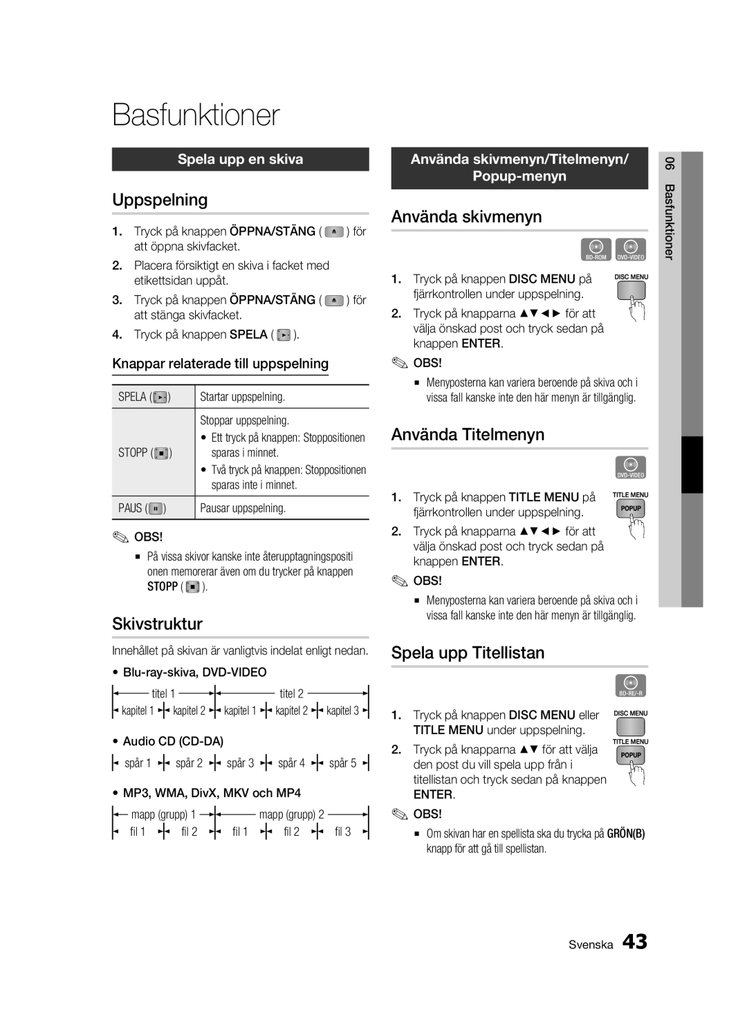 Samsung BD-C5300/XEE manual Basfunktioner 