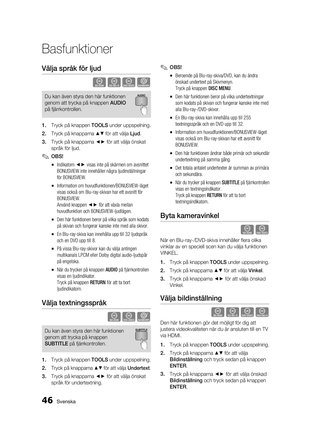 Samsung BD-C5300/XEE manual Välja språk för ljud, Välja textningsspråk, Byta kameravinkel, Välja bildinställning, Bonusview 