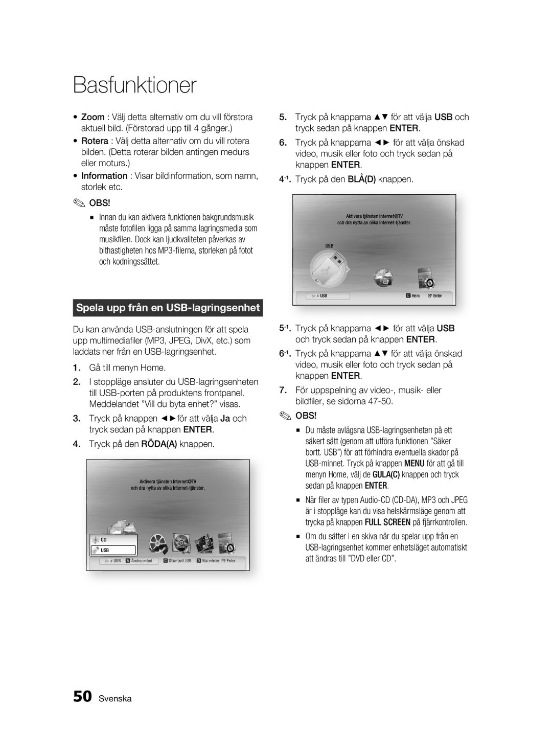 Samsung BD-C5300/XEE manual Spela upp från en USB-lagringsenhet, Gå till menyn Home 