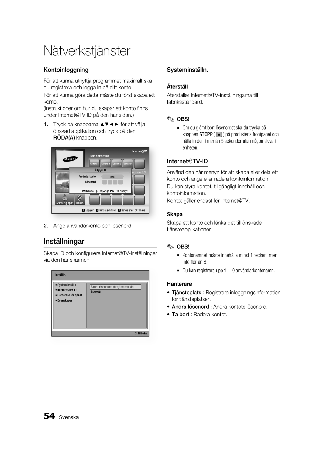 Samsung BD-C5300/XEE manual Inställningar, Kontoinloggning, Systeminställn 