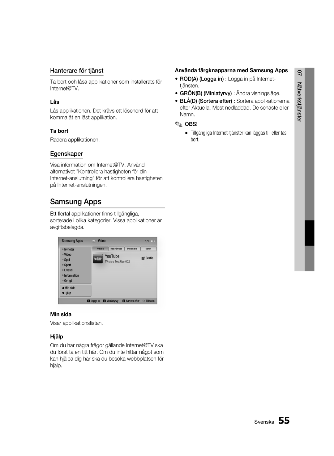 Samsung BD-C5300/XEE manual Hanterare för tjänst, Ta bort, Min sida, Hjälp 