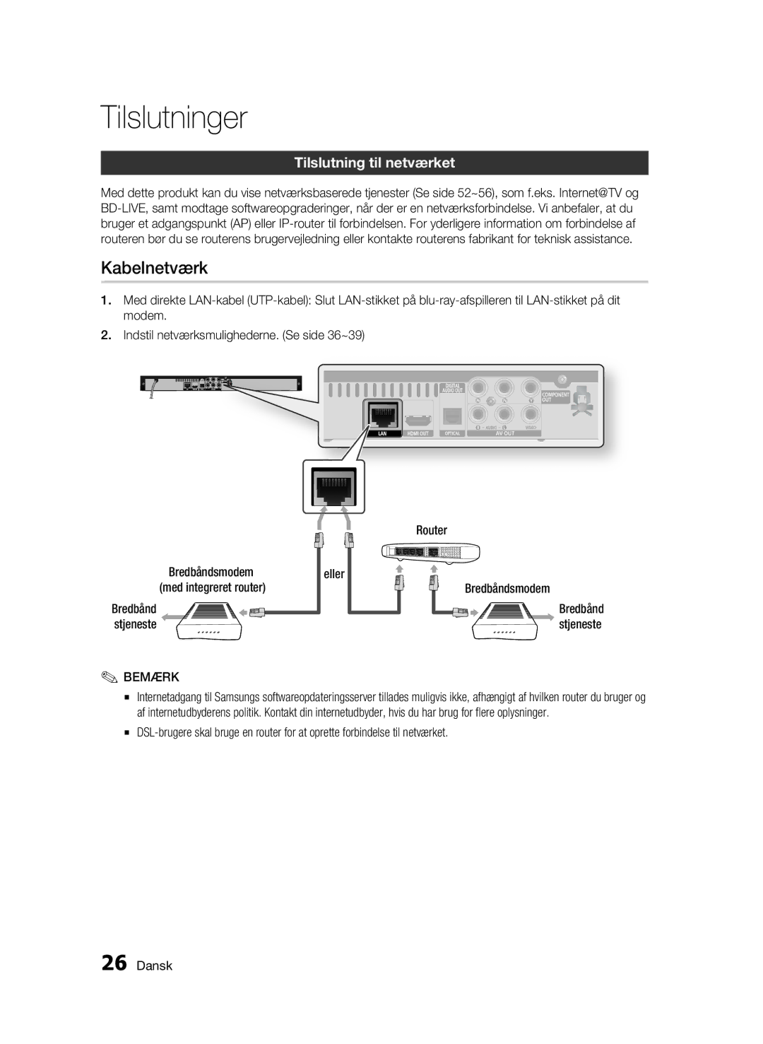 Samsung BD-C5300/XEE manual Kabelnetværk, Tilslutning til netværket, Stjeneste 