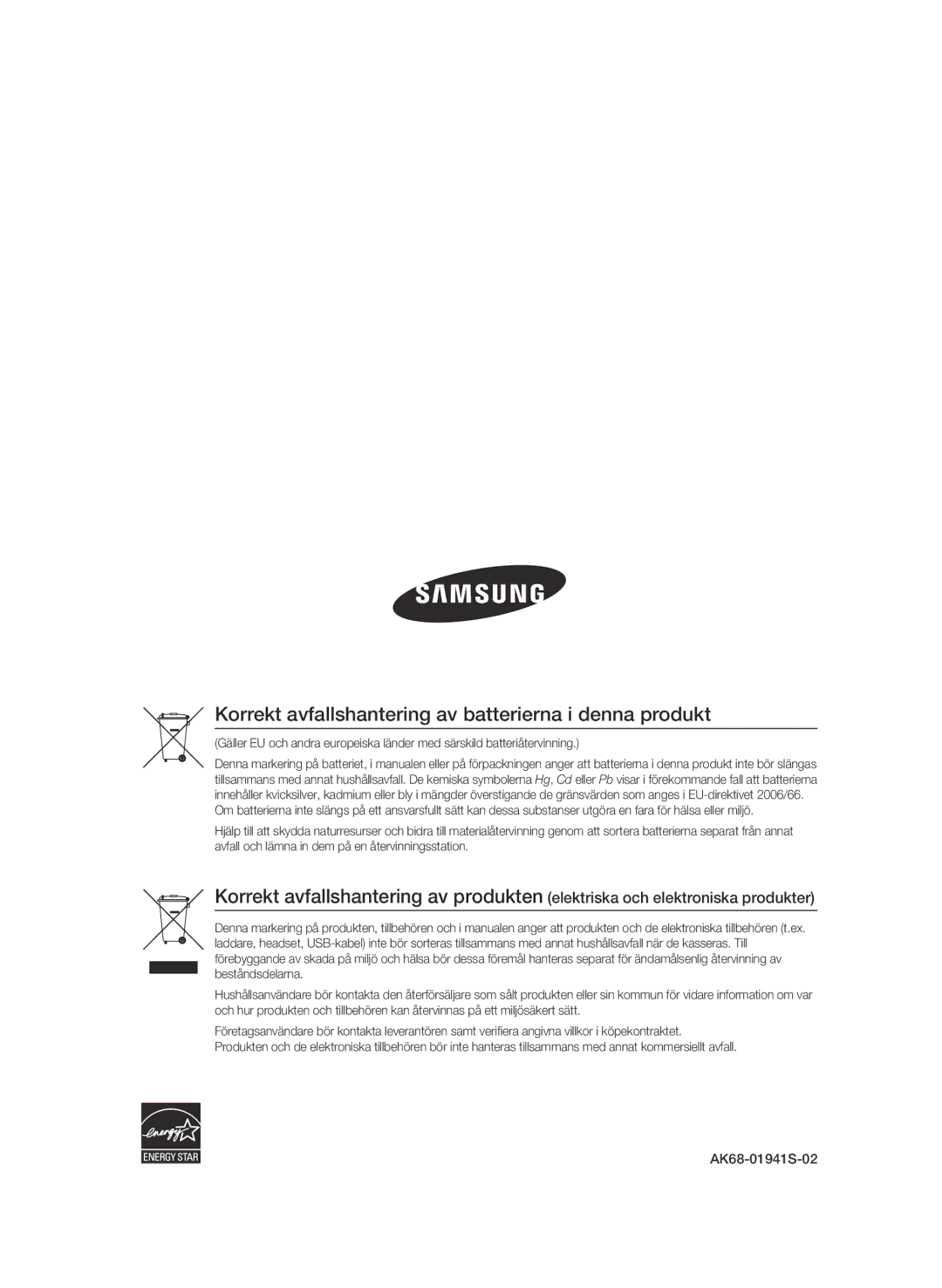 Samsung BD-C5300/XEE manual Korrekt avfallshantering av batterierna i denna produkt, AK68-01941S-02 