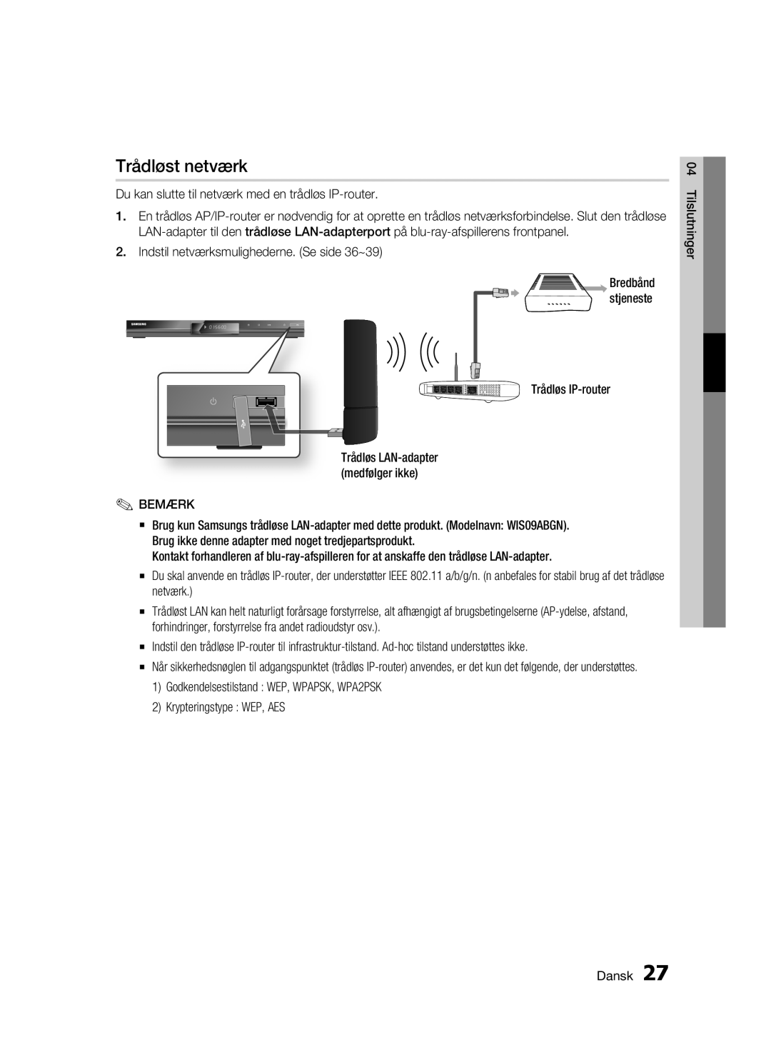 Samsung BD-C5300/XEE manual Trådløst netværk, Du kan slutte til netværk med en trådløs IP-router, Trådløs IP-router 