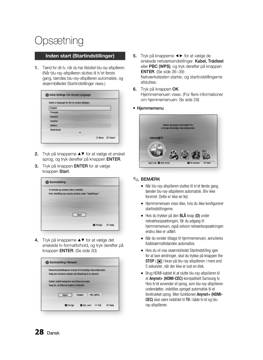 Samsung BD-C5300/XEE manual Opsætning, Inden start Startindstillinger, Tryk på knappen Enter for at vælge knappen Start 