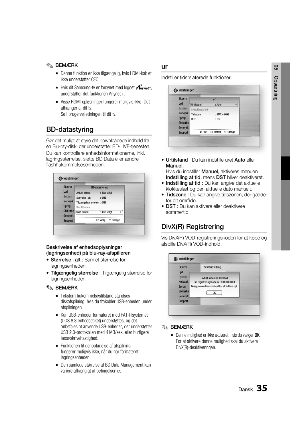 Samsung BD-C5300/XEE manual BD-datastyring, DivXR Registrering, Indstiller tidsrelaterede funktioner 