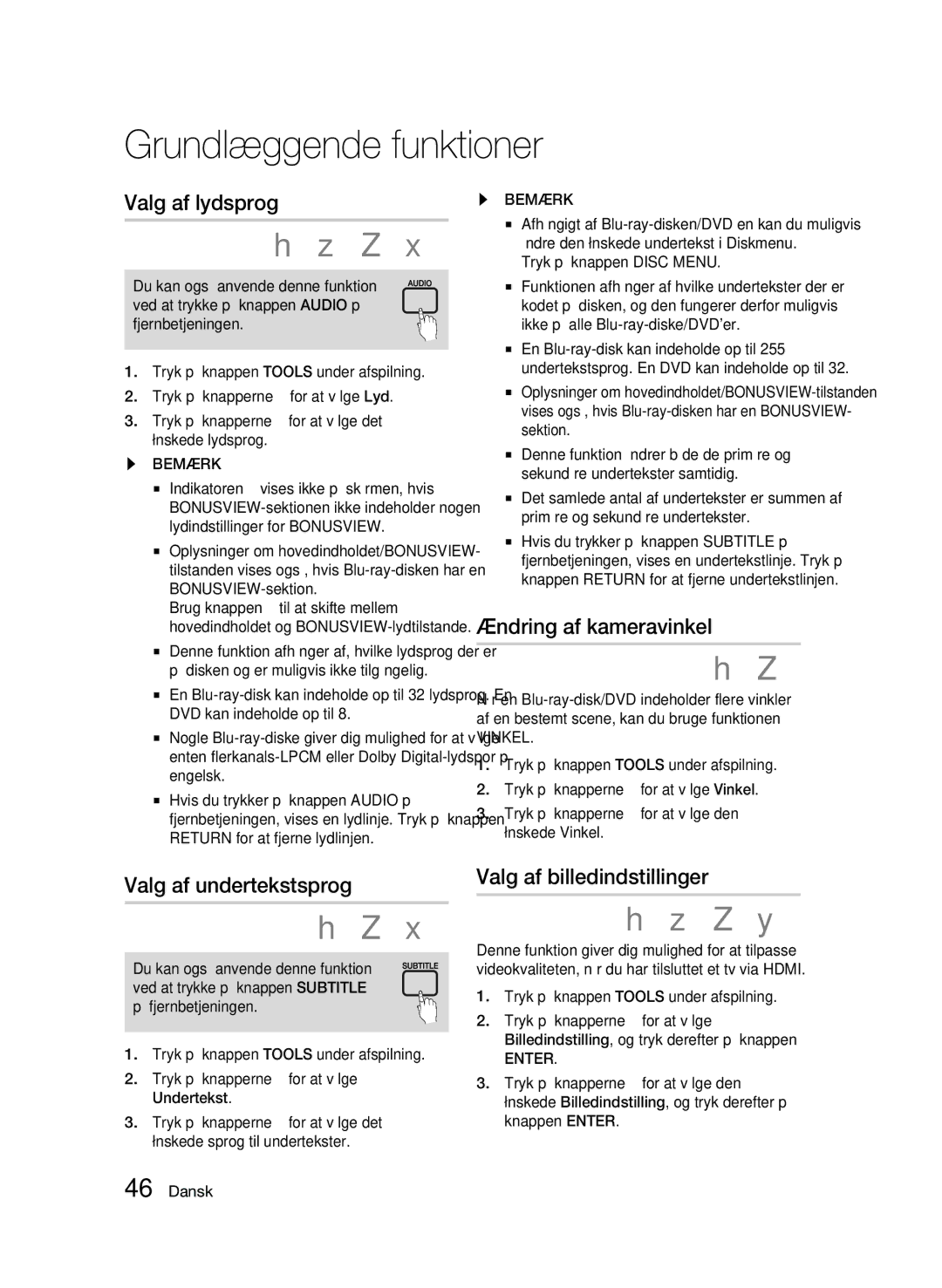 Samsung BD-C5300/XEE manual Valg af lydsprog, Ændring af kameravinkel, Valg af undertekstsprog, Valg af billedindstillinger 