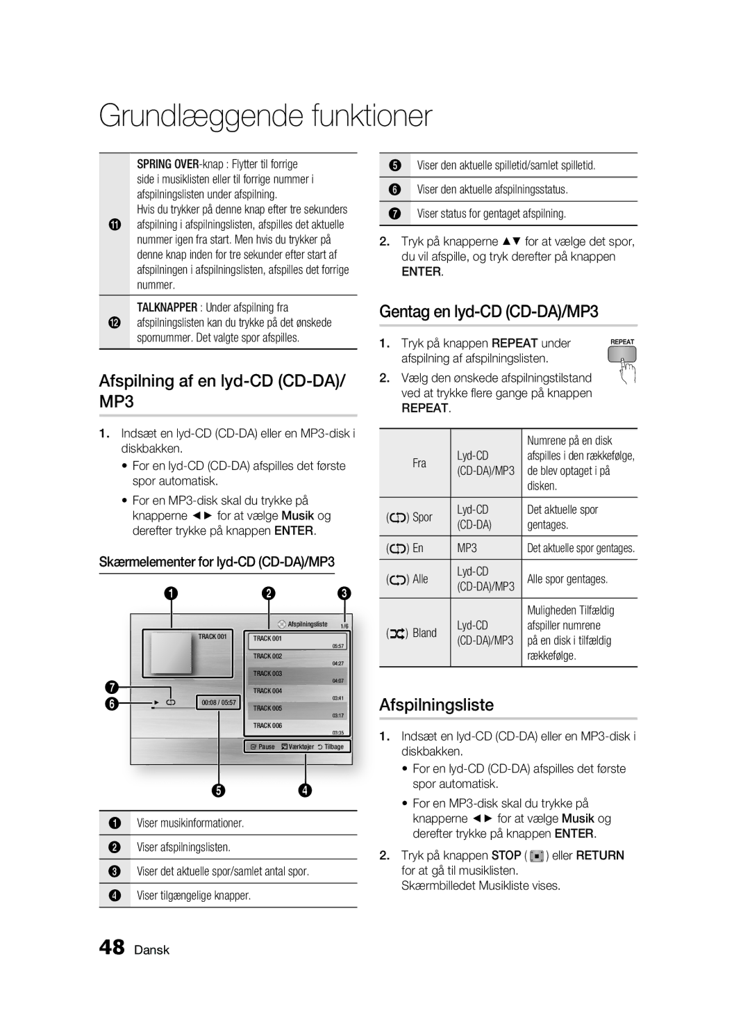 Samsung BD-C5300/XEE manual Afspilning af en lyd-CD CD-DA/ MP3, Gentag en lyd-CD CD-DA/MP3, Afspilningsliste 