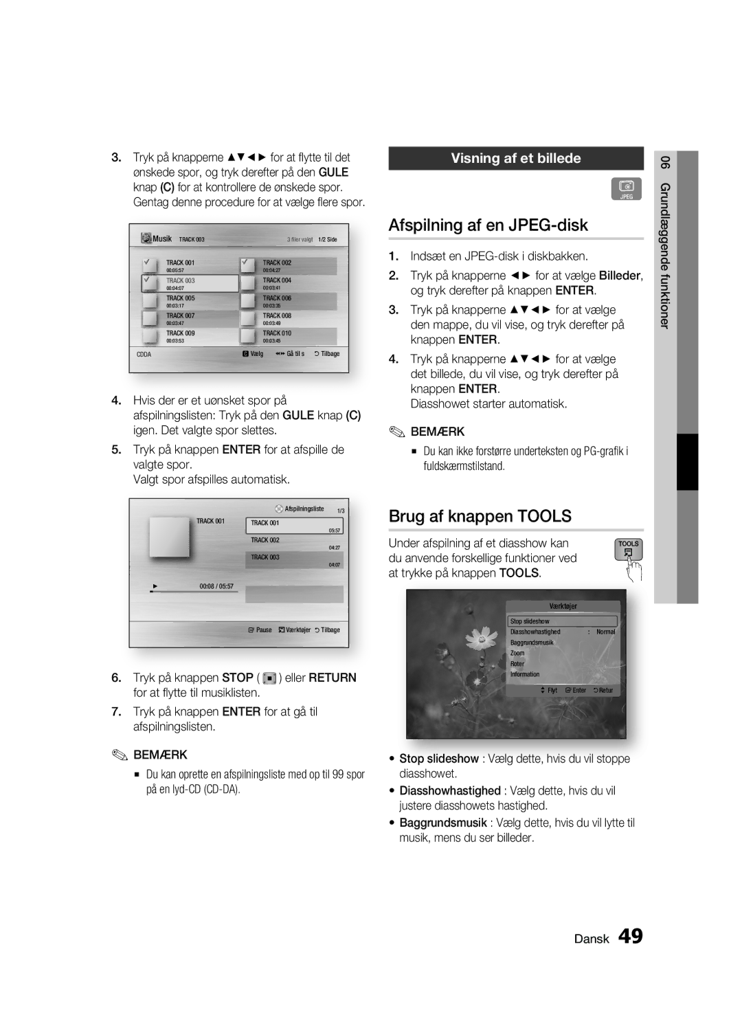 Samsung BD-C5300/XEE manual Afspilning af en JPEG-disk, Brug af knappen Tools, Visning af et billede, Tryk på knappen Stop 