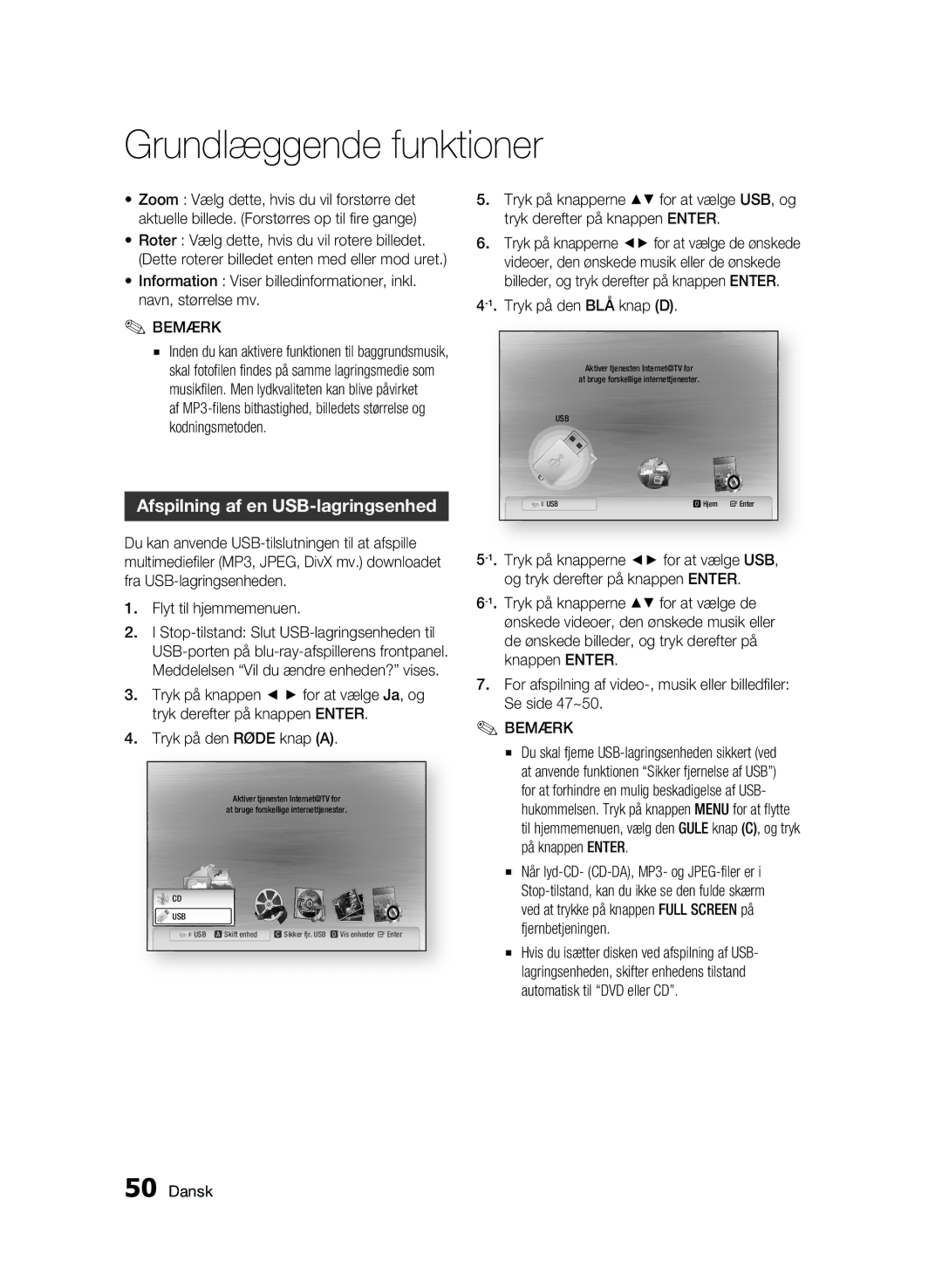 Samsung BD-C5300/XEE manual Afspilning af en USB-lagringsenhed, Tryk på den BLÅ knap D 