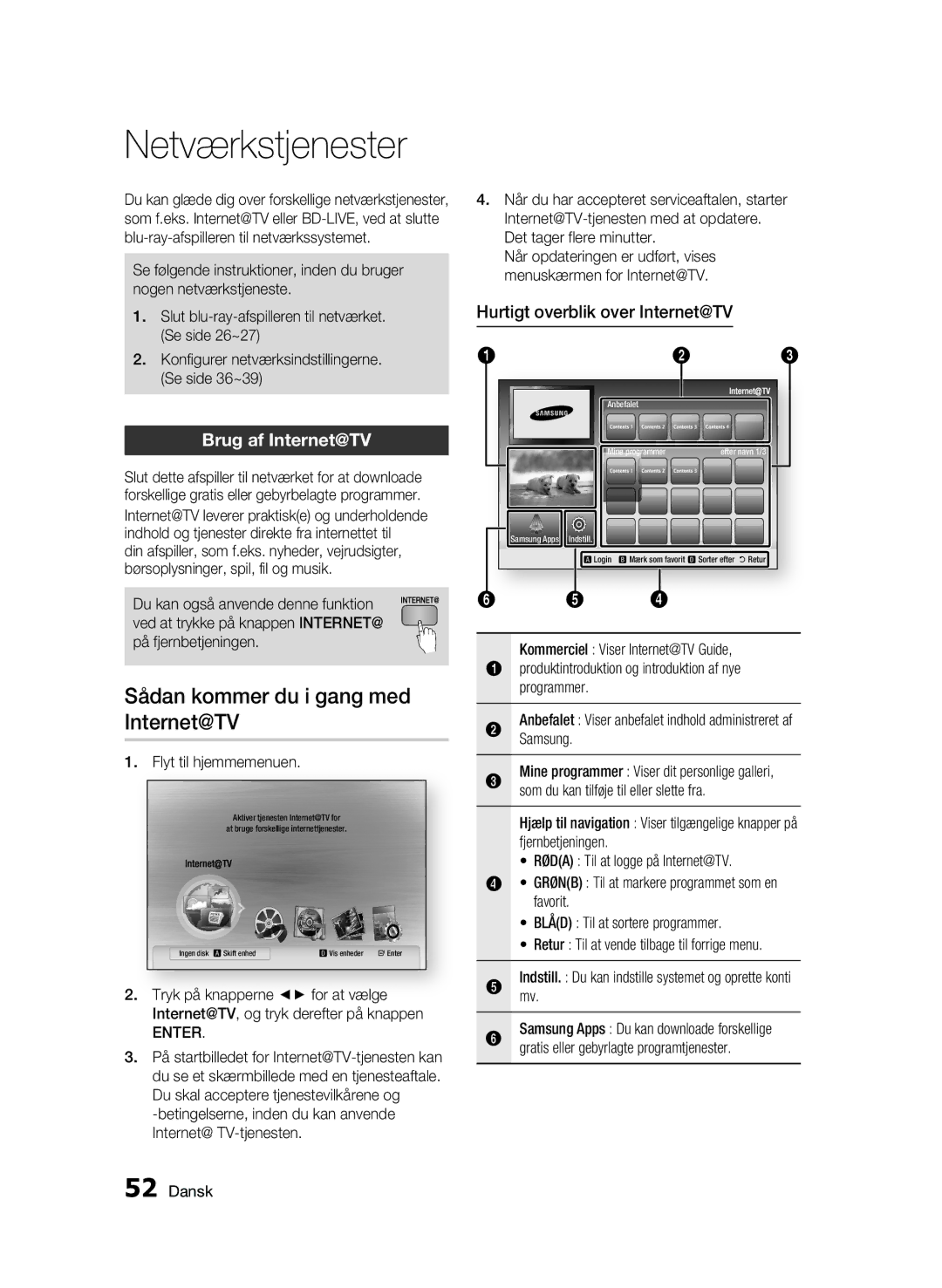 Samsung BD-C5300/XEE manual Netværkstjenester, Sådan kommer du i gang med Internet@TV, Brug af Internet@TV 