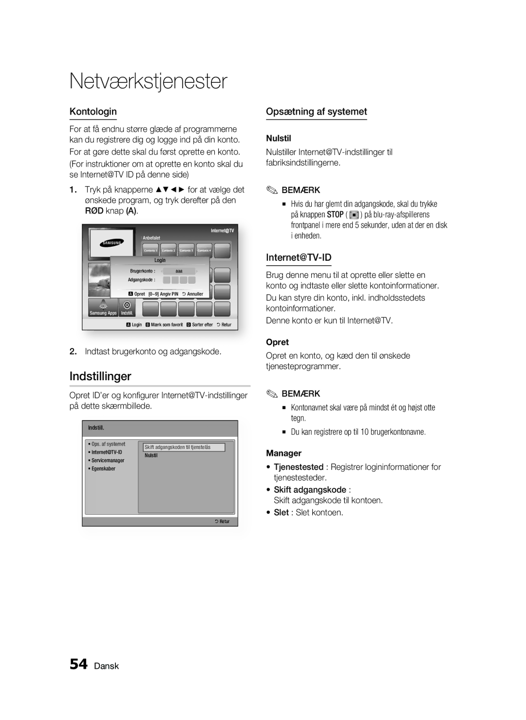 Samsung BD-C5300/XEE manual Indstillinger, Kontologin, Opsætning af systemet, Internet@TV-ID 